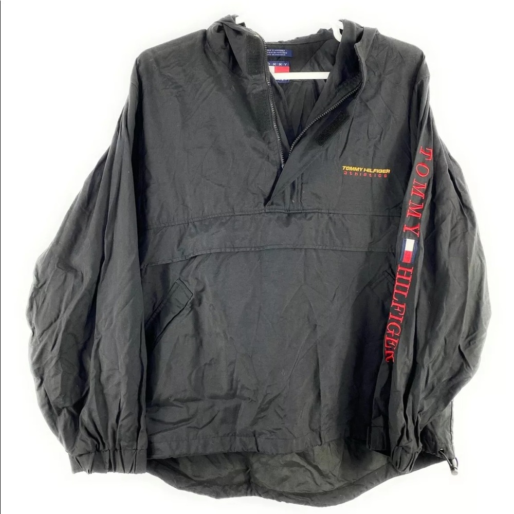 Vintage Tommy Hilfiger Athletic Windbreaker Jacket Hood Pullover Spell Out Small